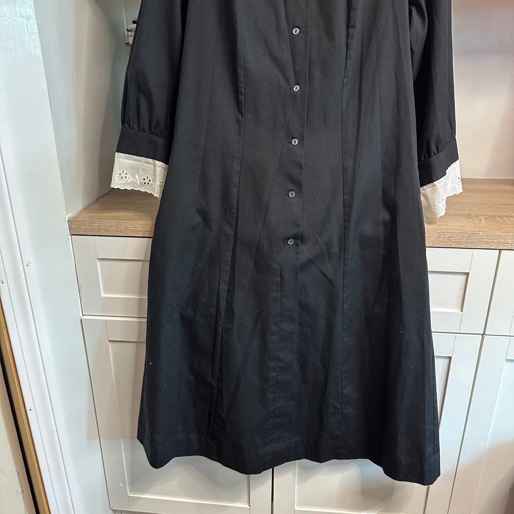 VTG 60s/70s Black Nurses Dress Womens 14 Lace PeterPan Collar Wednesday Addams - Picture 6 of 16